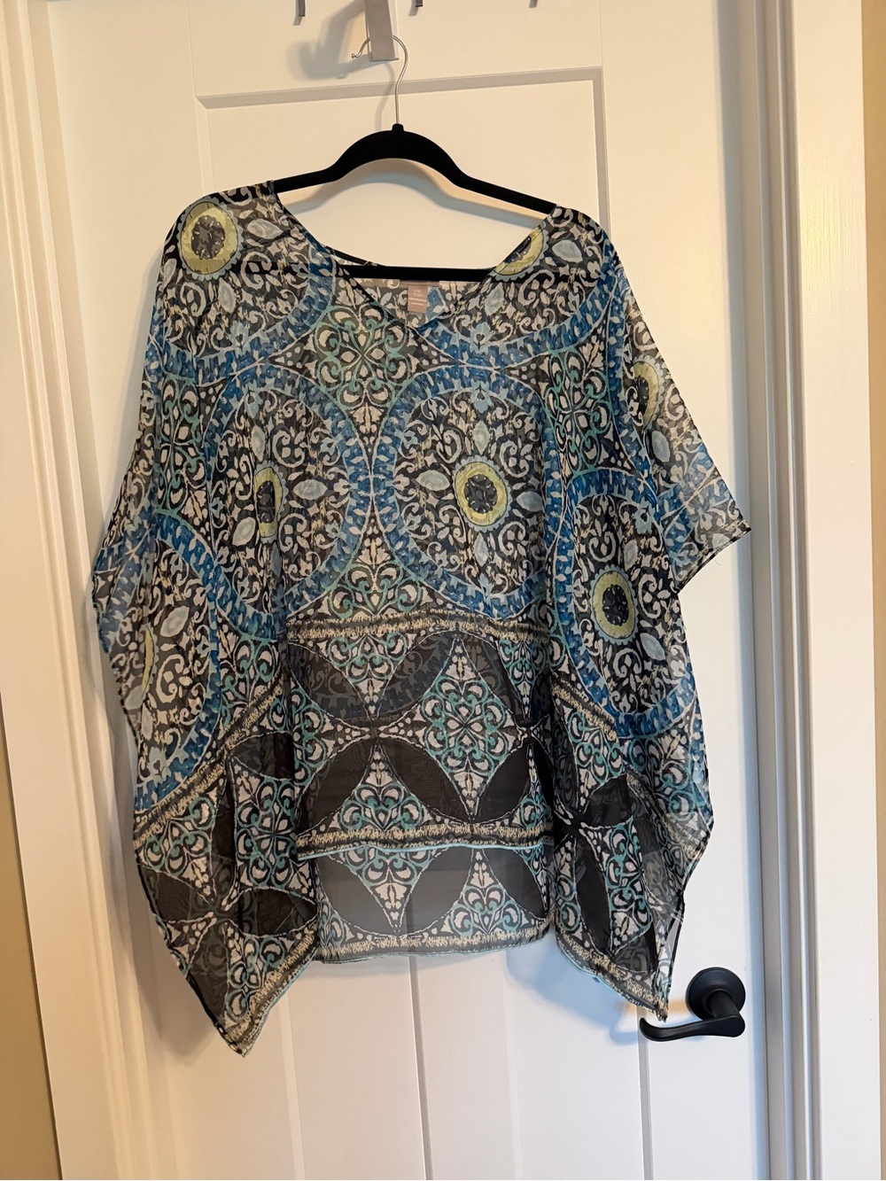 Chico's L/XL Blue and Green Patterned Sheer Poncho Top